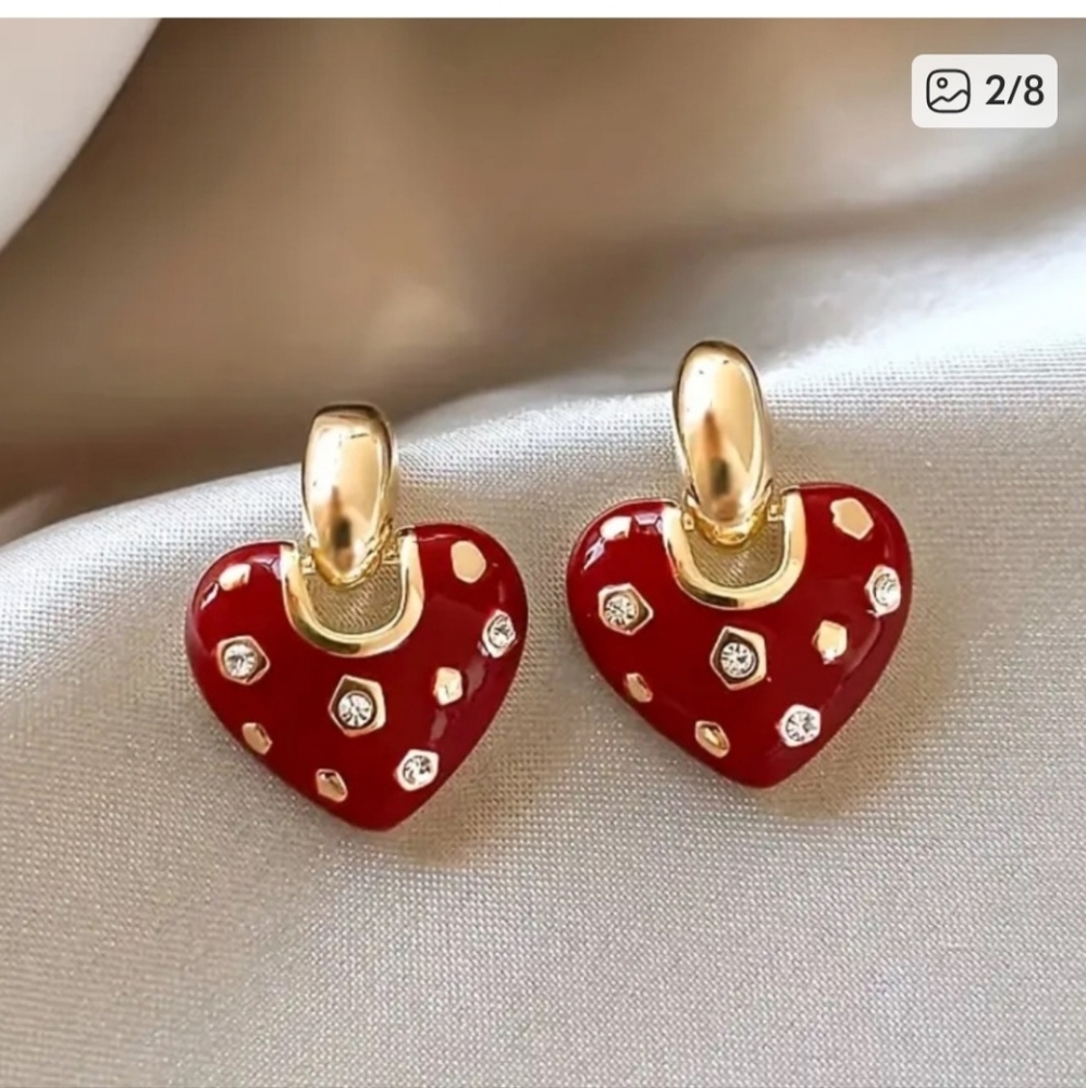 Gold and Red Heart Earrings